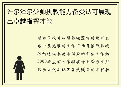 许尔泽尔少帅执教能力备受认可展现出卓越指挥才能